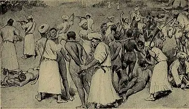 La Douleur et l'espoir du Soudan égyptien, 1913 ; illustration d'un raid d'esclave au Sud-Soudan au XIXe siècle.