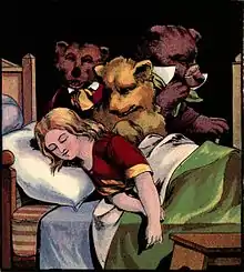Dessin d'une fillette blonde dormant dans un lit sous le regard de trois ours bruns.