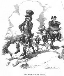 Le dessin, en noir et blanc, représente des hommes de couleur portant sur leurs épaules lOncle Sam, un bourgeois obèse et un militaire, symboles du pouvoir colonial blanc.