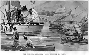 Alexandre blessé au milieu de sa flotte en Inde.