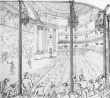 Lithographie. Salle de théâtre à l'Italienne, scène visible à gauche