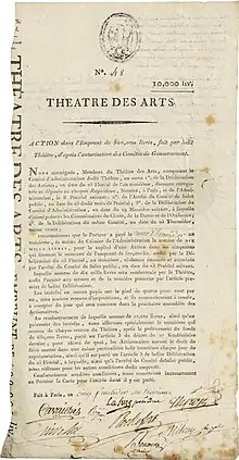 Action de 10.000 livres du Théâtre des Arts, une société antérieure à l'Académie royale (aujourd'hui Opéra Nationale de Paris), émise le cinq fructidor an troisieme (22 août 1795). Le capital de la société, d'un montant de 500.000 livres, était divisé en 50 actions.