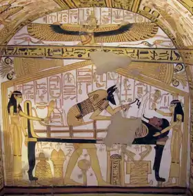 Anubis sur une fresque d'une tombe thébaine.