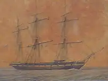 aquarelle ancienne dans les tons rouges et marrons : portrait d'un navire à voiles