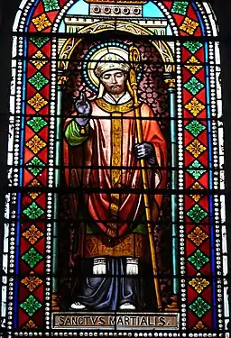 Détail d'un vitrail représentant saint Martial, église Saint-Martial de Thenon (Dordogne).