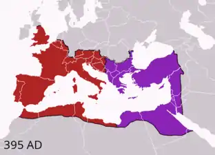 Carte en couleur de l'Empire romain en 395.