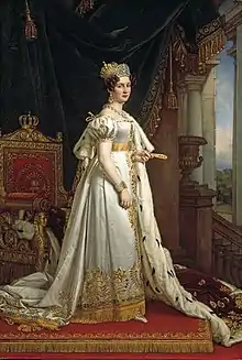 Tableau représentant une femme debout, en costume de sacre blanc, devant un trône.
