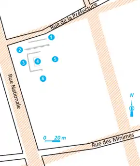 Vestiges antiques replacés dans un plan détaillé d'un quartier. Légende détaillée ci-dessous.