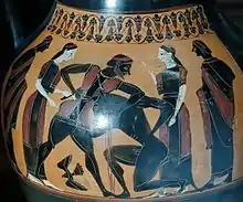 vase ancien : un homme égorge un homme à tête de taureau encadré par quatre personnes qui le regardent