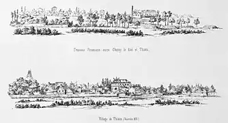 Lithographie d'Ernest Hussenot, 1871, Travaux prussiens entre Choisy-le-Roi et Thiais et Village de Thiais. Décembre 1870.