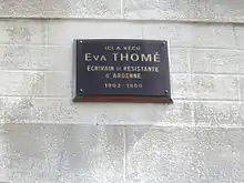 Plaque commémorative à Eva Thomé.