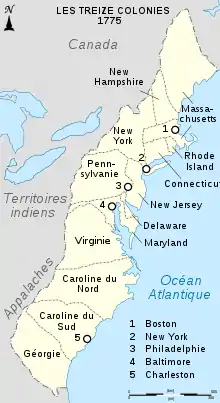 Carte des 13 colonies en 1775 regroupant les états de Virginie, Massachusetts, New Hampshire, Maryland, Connecticut, Rhode Island, Delaware, Caroline du Nord, Caroline du Sud, New Jersey, New York, Pennsylvanie et Géorgie.