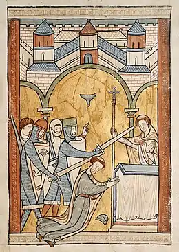Dessin médiéval en couleurs représentant plusieurs personnages dont l'un reçoit un coup d'épée.