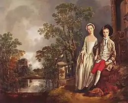 Peinture. Talus au pied d'une tour, jeune fille en robe blanche, adolescent en culotte rouge. À gauche arbres, un lac.