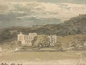 Peinture représentant une abbaye dans un cadre verdoyant.