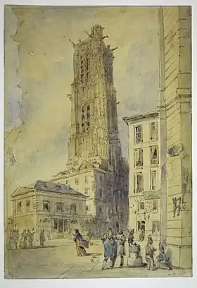 Place Saint-Jacques-la-Boucherie et entrée de la rue du Petit-Crucifix au début du XIXe siècle.