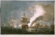 Peinture sur la bataille d'Aboukir avec notamment L'Orient en feu.