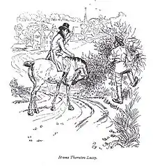 Un cavalier se penche vers un paysan pour se faire confirmer qu'il est à Thornton Lacey