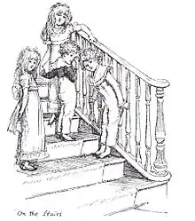 Gravure. Quatre enfants guettent, sur les marches d'un escalier