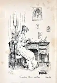 Jeune fille assise devant un secrétaire, lisant une lettre
