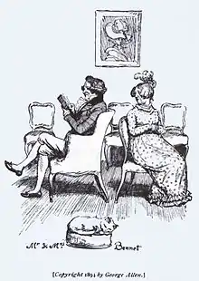 Couple assis dos à dos, le mari lisant, sa femme, désœuvrée, le regardant