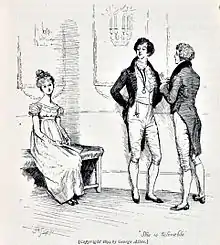 Illustration en noir et blanc. Deux jeunes gens debout regardent une demoiselle assise toute seule