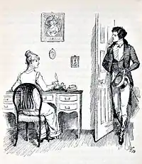 Illustration. Elizabeth, assise à un bureau, est surprise par l'entrée de Darcy qui la salue