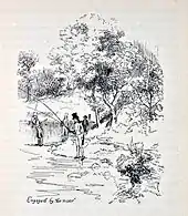 Illustration en noir et blanc. Dans un paysage boisé, plusieurs hommes en bord de rive, pêchant.