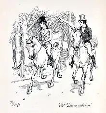 Gravure : deux jeunes gens à cheval