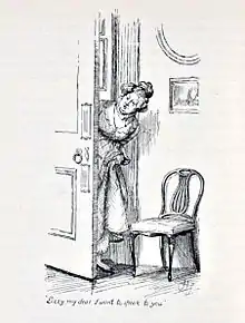 image noir et blanc.Une femme passe la tête dans l'entrebâillement d'une porte