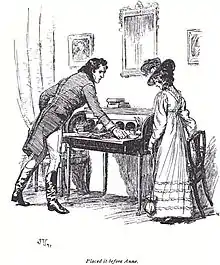 Gravure. Un homme se penche sur une table pour signaler la présence d'une lettre à une jeune fille debout