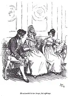 3 personnages assis sur un canapé, la grosse dame au milieu, entre Frederick, à gauche, et Anne, à droite