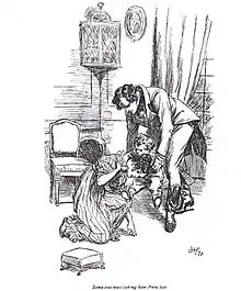 Anne est à genoux, courbée sous le poids de l'enfant agrippé à son cou. Frederick se penche pour l'attraper fermement
