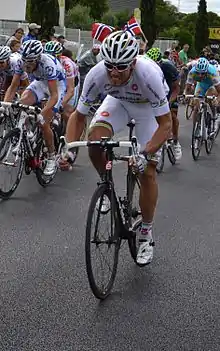 Thor Hushovd portant le maillot de champion du monde 2010, le dimanche 17 juillet 2011 lors de l'arrivée à Montpellier de la 15e étape du Tour de France 2011