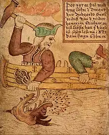 Thor pêchant le serpent Jörmungand d’après un manuscrit scandinave (18e siècle).