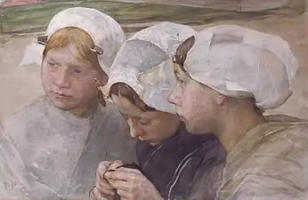 Trois filles de Schéveningue (vers 1894), aquarelle. On distingue des boeken sur leurs coiffes.