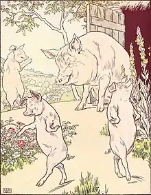 Dessin de trois petits cochons se tenant sur leurs pattes et d'une truie sur le pas d'une chaumière.