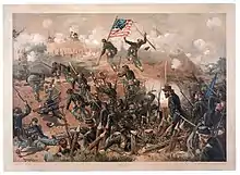 Gravure d'un groupe de soldats unionistes prenant d'assaut une position retranchée confédérée au sommet d'un talus.