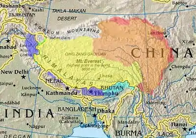 Cultural/historical Tibet (highlighted) depicted with various competing territorial claims.