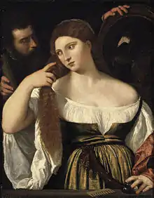 Portrait d’une jeune femme tenant de sa main droite une natte de sa chevelure. Tableau identique au tableau du Louvre.