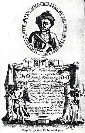Affiche montrant en haut un buste d’homme ; à gauche allégorie du Diable ; à droite, allégorie de la Mort.