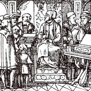 Tielman Susato offre son recueil de chansons à Marie. Gravure sur bois tirée des Vingt et six chansons musicales & nouvelles, ouvrage imprimé à Anvers chez Tielman Susato en 1545.
