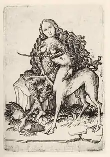 Gravure représentant une femme tenant par l'encolure une licorne