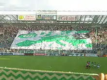 Tifo déployé par les spectateurs dans une tribune derrière un but.