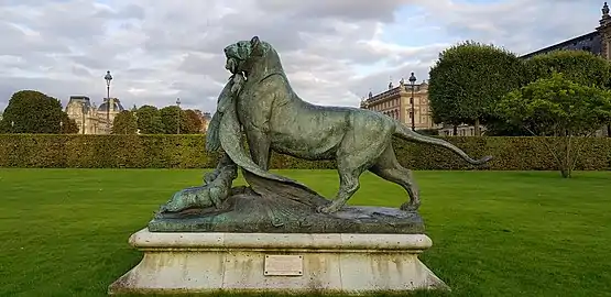 Tigresse portant un paon à ses petits dans le jardin des Tuileries à Paris.