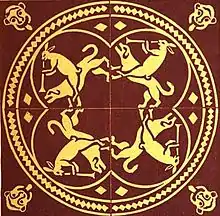 4 carreaux illustrés et assemblés, formant un cercle où courent 4 chiens montés par des lapins trompettant