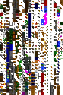 Liste en couleurs de mosaïques très petites, chacune représentant un objet particulier, comme une pièce de mobilier, pouvant être implanté dans un jeu vidéo.