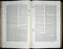 Photographie en noir et blanc de deux pages d'un texte imprimé, extraites d'un incunable du XVIe siècle