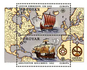 Timbres-poste des Îles Féroé sur Leif Erikson et Christophe Colomb.