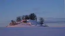 Photographie du tumulus au crépuscule, sous la neige. Quelques arbres poussent dessus.